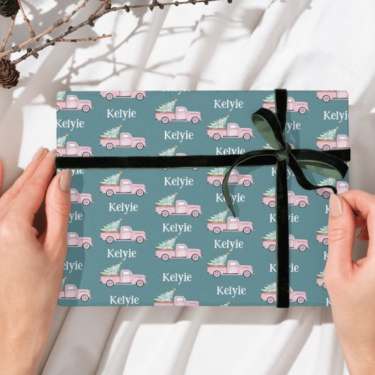 Aangepaste Naam Kerstboom Roze  Truck Cadeaupapier