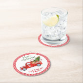 Aangepaste naam  kerstfeestdag met rood vrachtwage ronde kartonnen onderzetter (Insitu)