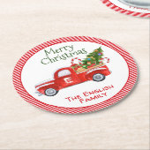 Aangepaste naam  kerstfeestdag met rood vrachtwage ronde kartonnen onderzetter (Gebogen)