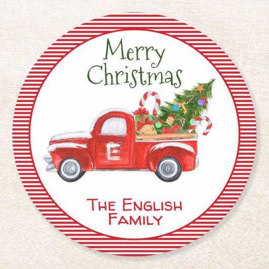 Aangepaste naam  kerstfeestdag met rood vrachtwage ronde kartonnen onderzetter (Voorkant)