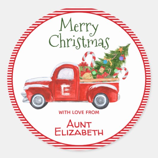 Aangepaste naam kerstfeestdag met rood vrachtwage ronde sticker (Voorkant)