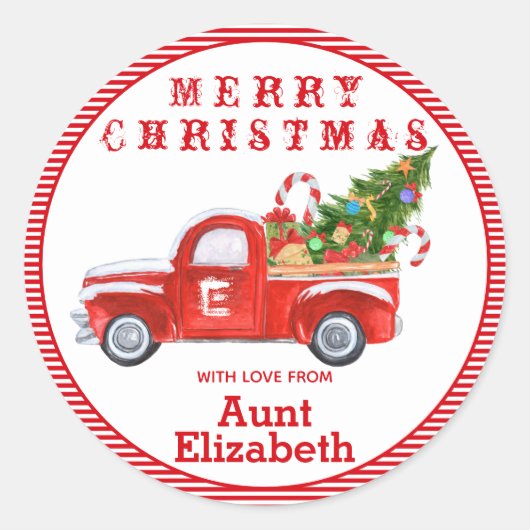 Aangepaste naam  kerstfeestdag met rood vrachtwage ronde sticker (Voorkant)