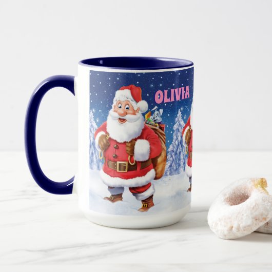 Aangepaste naam Kerstkoffie mok, Jolly Santas. Mok (Met donut)