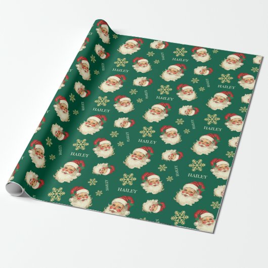 Aangepaste naam Kerstman gezicht Kerstmis Groene C Cadeaupapier (Uitgerold)
