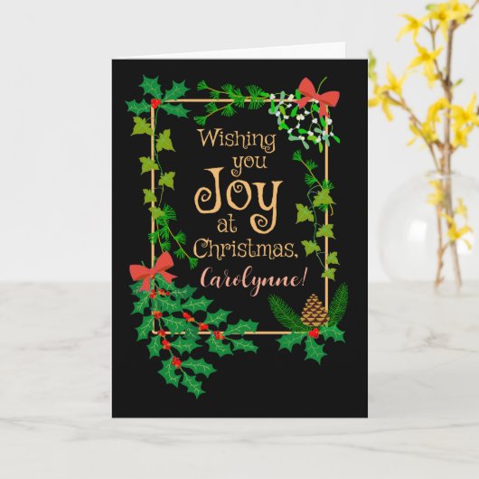 Aangepaste Naam Kerstmis Joy Holly en Mistletoe Kaart (Gele Bloem)