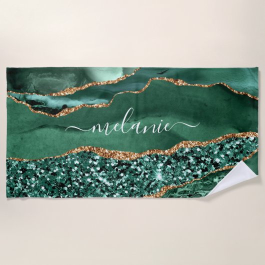 Aangepaste naam keukenhanddoek Agate Green Glitter Strandlaken (Voorkant)