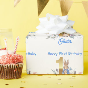 Aangepaste naam Klassieke konijn Eerste verjaardag Cadeaupapier