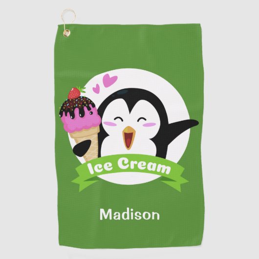Aangepaste naam & kleur Ice Cream Penguin golfhand Golfhanddoek (Voorkant)