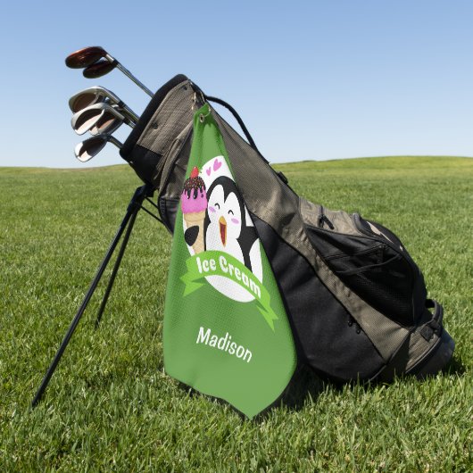 Aangepaste naam & kleur Ice Cream Penguin golfhand Golfhanddoek (Groen)