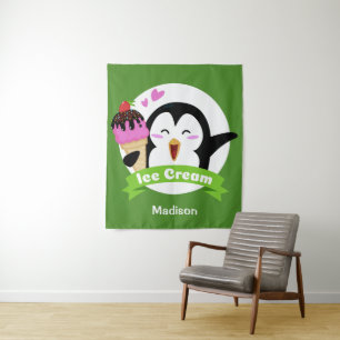 Aangepaste naam & kleur Ice Cream Penguin tapestry Wandkleed