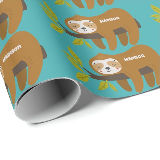 Aangepaste Naam & Kleur Schattigee Luiaard Cadeaupapier (Rol Hoek)