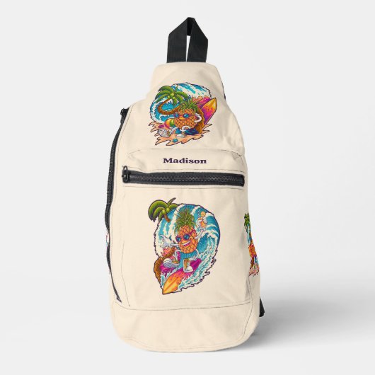 Aangepaste naam & kleur Surfing Ananas Sling Bag (Voorkant)