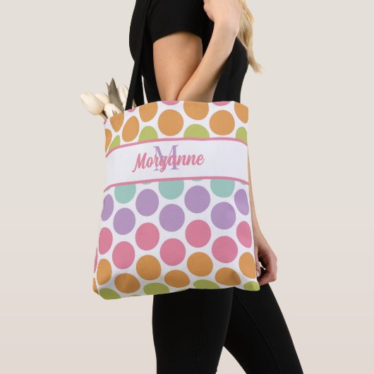 Aangepaste naam Kleurrijk Pastel Dot Patroon Tote Bag (Dichtbij)