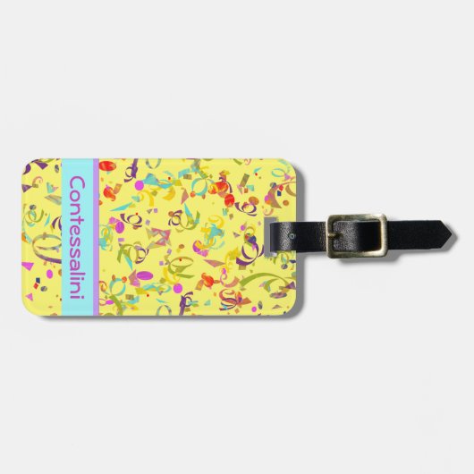 Aangepaste naam kleurrijke Confetti toss Over Geel Bagagelabel (Voorkant horizontaal)