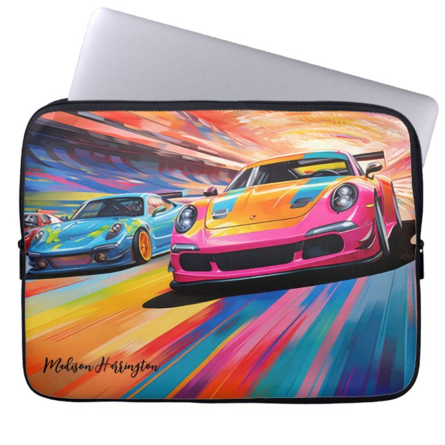 Aangepaste naam Kleurrijke Sportscars Laptop Sleeve (Voorkant)