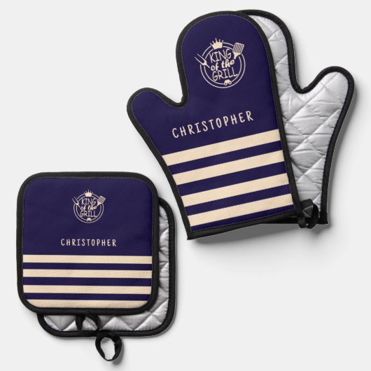 Aangepaste Naam Koning van de Grill Marine Ovenwant & Pannenlap Set (Voorkant / Achterkant)