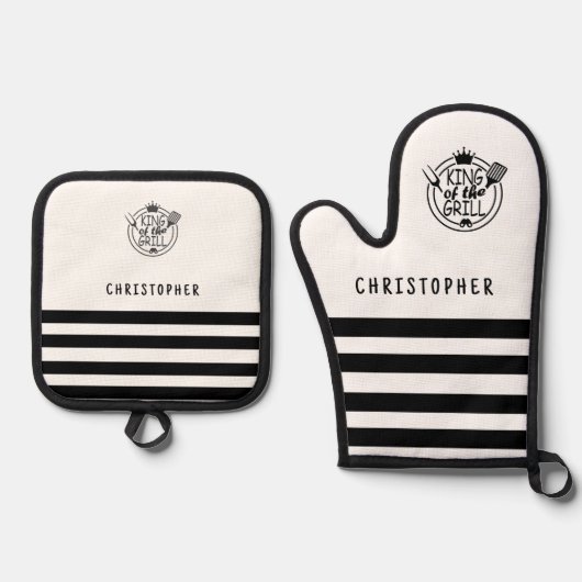 Aangepaste Naam Koning van de Grill Wit Ovenwant & Pannenlap Set (Voorkant)