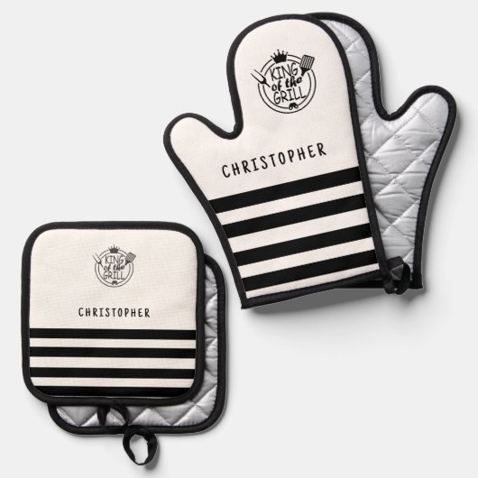 Aangepaste Naam Koning van de Grill Wit Ovenwant & Pannenlap Set (Voorkant / Achterkant)