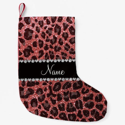 Aangepaste naam koraalroze glitter leopard print kleine kerstsok (Voorkant)