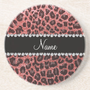 Aangepaste naam koraalroze glitter leopard print zandsteen onderzetter