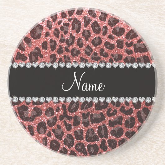 Aangepaste naam koraalroze glitter leopard print zandsteen onderzetter (Voorkant)