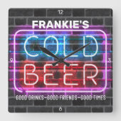 Aangepaste naam Koudbier Bar Faux Neon Man Cave Vierkante Klok (Voorkant)