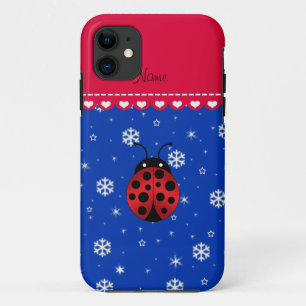 Aangepaste naam ladybug blauwe sneeuwvlokken rode iPhone 11 hoesje