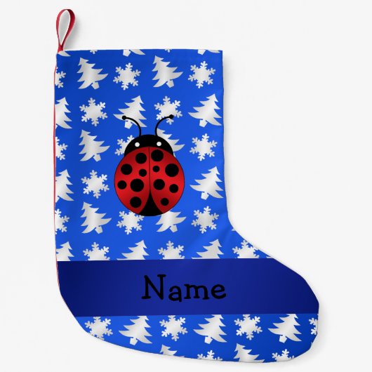 Aangepaste naam ladybug blue sneeuwvlokken bomen kleine kerstsok (Voorkant)