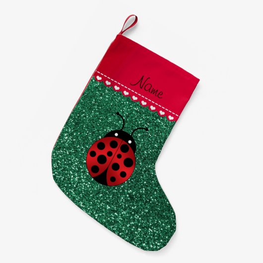 Aangepaste naam ladybug groen glitter red stripe kleine kerstsok (Voorkant (Hangend))
