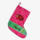 Aangepaste naam ladybug roze bloempatroon kleine kerstsok (Voorkant (Hangend))