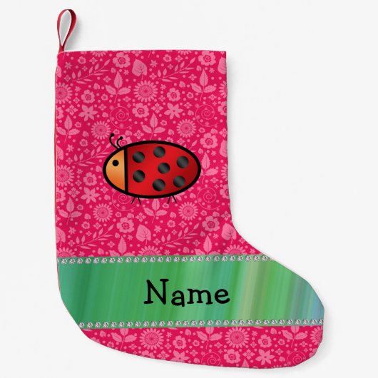Aangepaste naam ladybug roze bloempatroon kleine kerstsok (Voorkant)