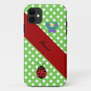 Aangepaste naam ladybug-vlindergroene polka-stippe Case-Mate iPhone case