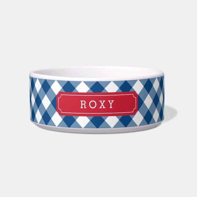 Aangepaste naam Land Blauw Gingham Rood Label Voerbakje (Voorkant)