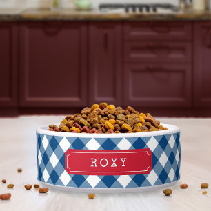 Aangepaste naam Land Blauw Gingham Rood Label Voerbakje