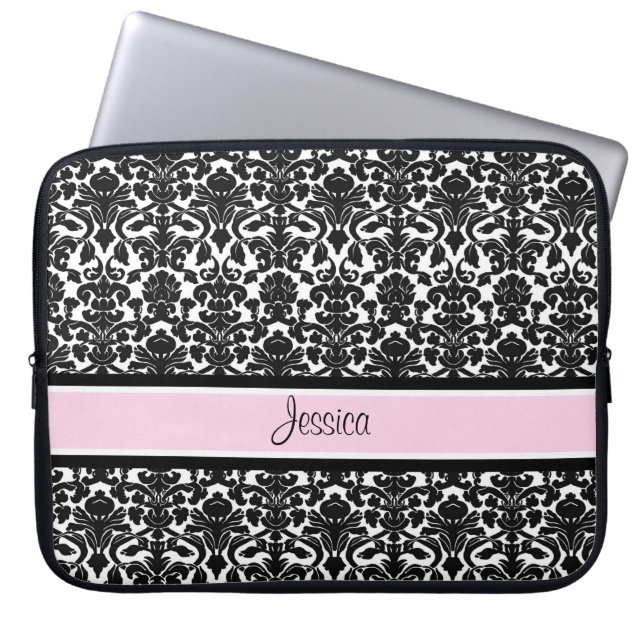 Aangepaste naam laptoproze Damask Laptop Sleeve (Voorkant)