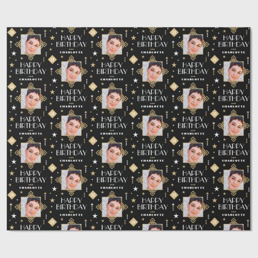 Aangepaste naam Leeftijd Foto Art Deco Birthday Bl Cadeaupapier (Vlak)