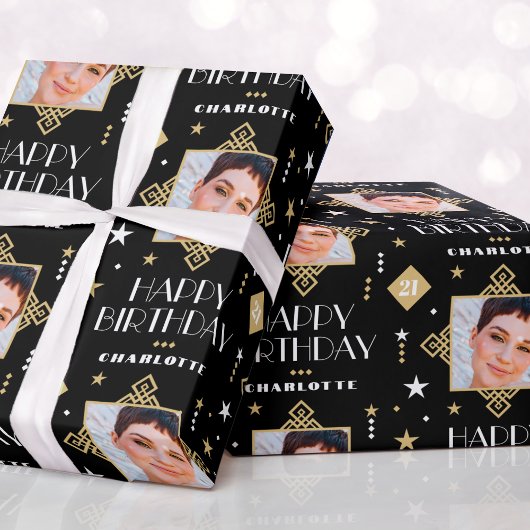 Aangepaste naam Leeftijd Foto Art Deco Birthday Bl Cadeaupapier