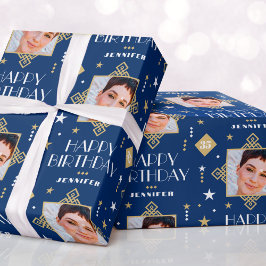 Aangepaste naam Leeftijd Foto Art Deco Birthday Bl Cadeaupapier