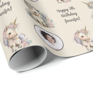 Aangepaste naam Leeftijd Foto Unicorn Birthday Cadeaupapier