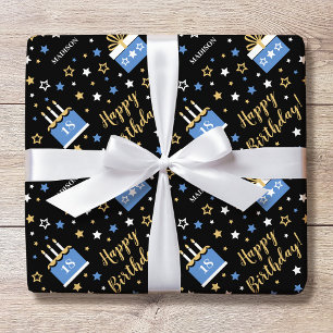 Aangepaste naam leeftijd verjaardagstaart blauw zw cadeaupapier