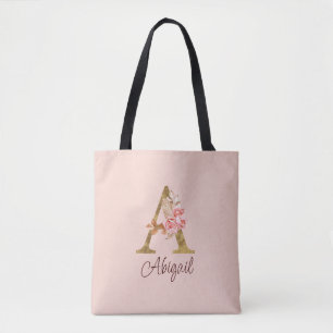 Aangepaste naam letter A goud folie roze rozen Tote Bag