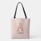 Aangepaste naam letter A goud folie roze rozen Tote Bag (Achterkant)