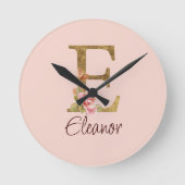 Aangepaste Naam Letter E Gold Folie Blush Pink Ros Ronde Klok (Voorkant)