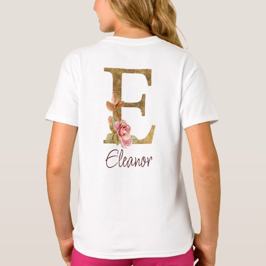 Aangepaste Naam Letter E Gold Folie Blush Pink Ros T-shirt (Achterkant)