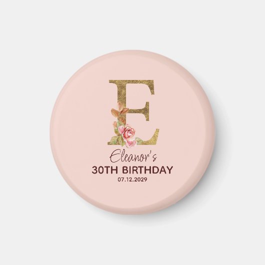 Aangepaste naam letter E Goud Blush Roze Rozen Magneet (Voorkant)