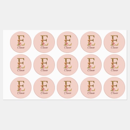 Aangepaste naam letter E Goud folie Blush Roze Roz Labels (Vel)
