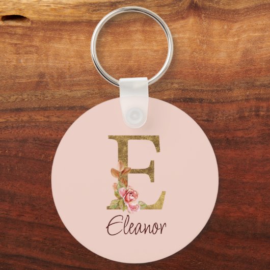 Aangepaste naam letter E goud folie blush roze roz Sleutelhanger (Voorkant)