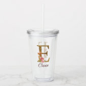 Aangepaste naam letter E Goud folie roze rozen Acryl Drinkbeker (Voorkant)