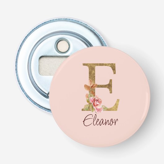 Aangepaste naam letter E goud folie roze rozen Button Flesopener (Voorkant)