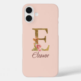 Aangepaste naam letter E goud folie roze rozen iPhone 16 Plus Hoesje